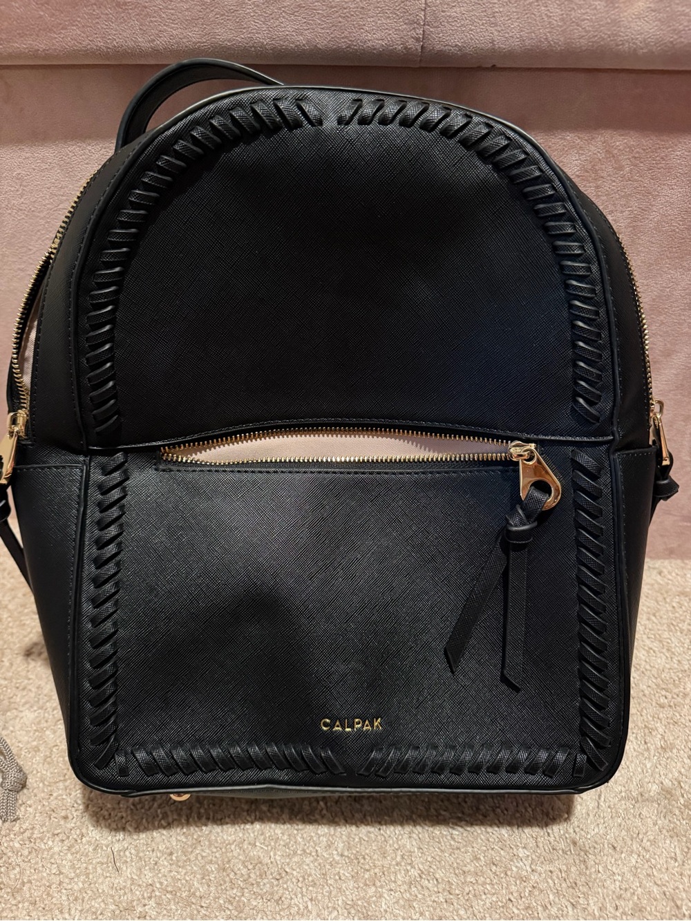 Calpak Black Whipstitch Mini Backpack with Gold Hardware